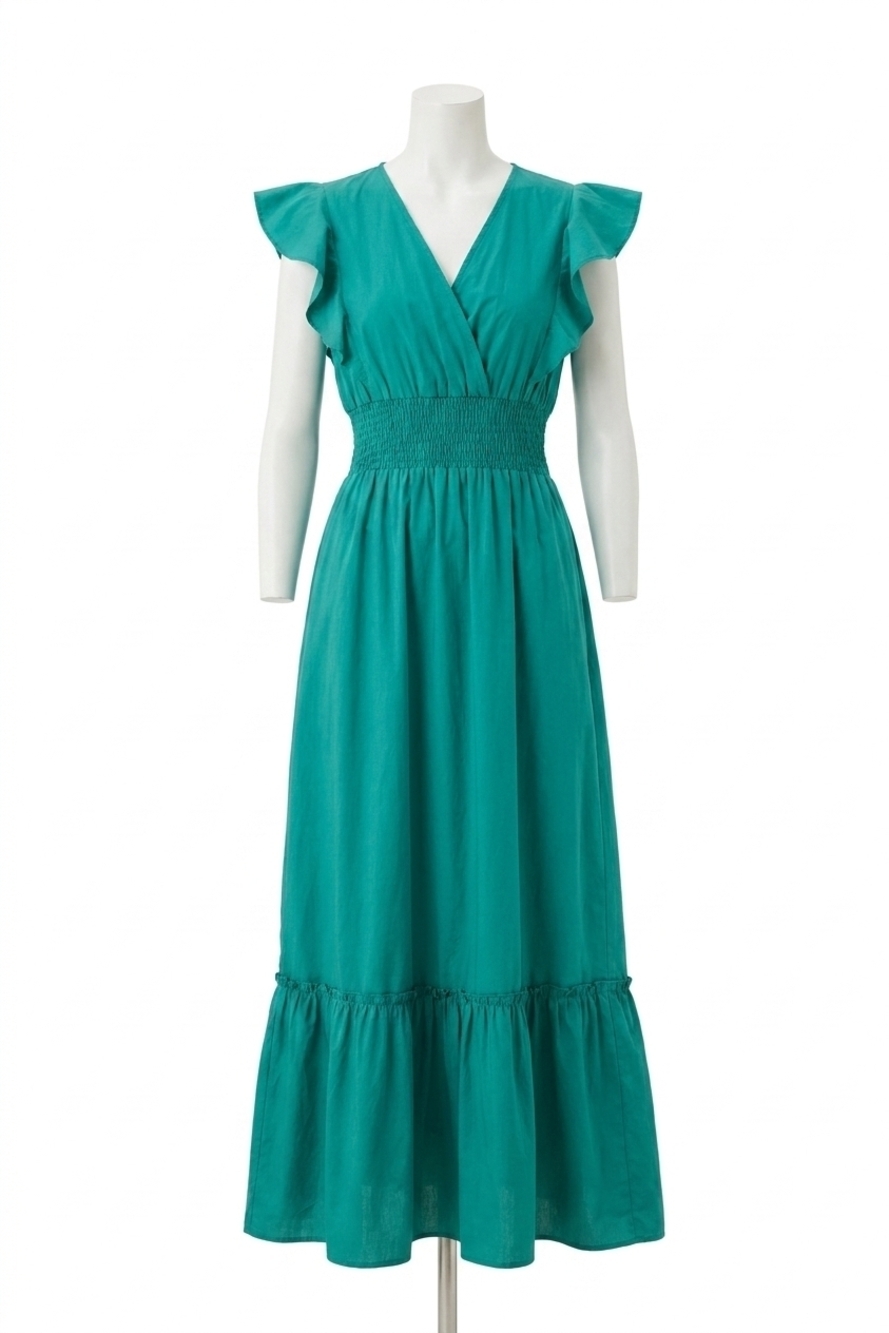 NEW MOLLY BRACKEN azalea ruffled v-neck dress in emerald green